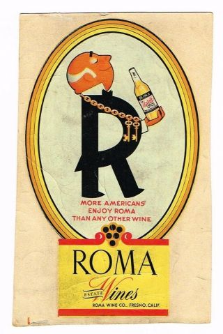 1940s California Fresno Roma Wines Durochrome Window Decal 4¼ X 6½ Inches
