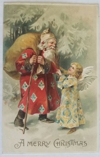 Vintage 1911 Postcard Santa Red Robe With Staff,  Sack And Little Girl Angel