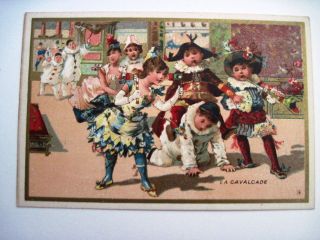 Vintage French Trade Card For " Grand Bazar " W/ Children Dressed As Clowns