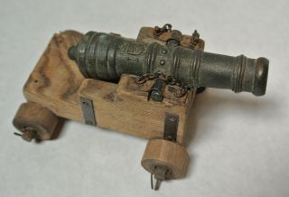 Vintage Toy Cast Brass Cannon Gun On Wood Carriage 18th Century Spanish Navy