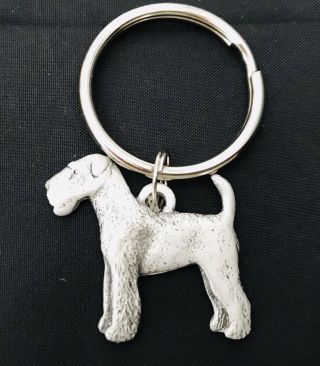 Solid Pewter Airedale Terrier Dog Puppy Silver Metal Figurine Keychain 80
