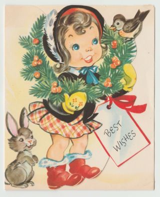 Vintage Greeting Card Christmas Cute Little Girl Birs Rabbit Stonybrook