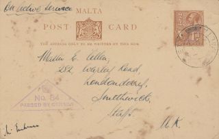 Malta Ww2 Military On Active Service Passed By Censor 84 Sent Uk 1942