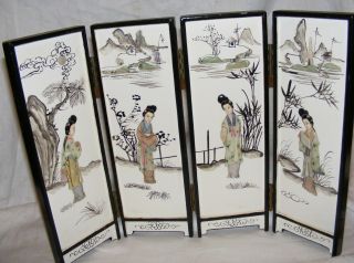 Vintage Chinese Wood Lacquer Mother Of Pearl Table Screen Hand Painted Ladies