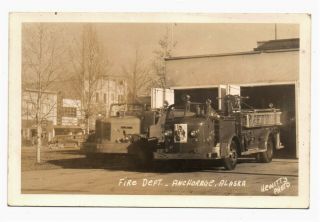 Rppc Photo Postcard Fire Department,  Anchorage Alaska Two Trucks Engines 1950s