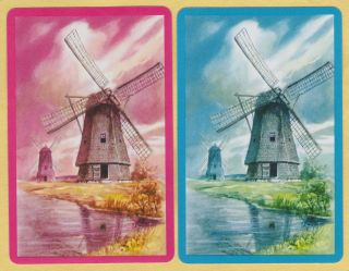2 Single Vintage Swap/playing Cards Dutch Windmill Canal Scene Pink/blue