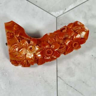 Antique Chinese Red Coral Carved Brooch Pin Floral Design 2”
