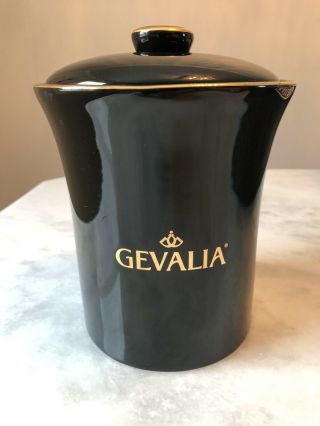 Gevalia Kaffe Black Ceramic Coffee Canister With Gold Metal Trim & 2 Mugs