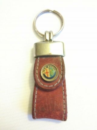 Vintage Alfa Romeo Keychain Single Brown Leather Strap Loop Silver Metal Ring