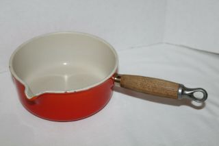 Vintage Le Creuset Orange 18 Sauce Pan Cast Iron Enamel Pour Spout Wood Handle