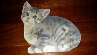 Signed Hand - Painted Wood Kitten Plaque Cut Out 7 By 7