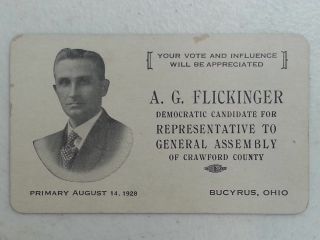 1928 Bucyrus Ohio Political Card Ag Flickinger General Assembly Crawford County