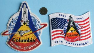 Nasa Patch Pair Vtg Sts - 1 Space Shuttle Columbia Young Crippen - 10th Anniv.