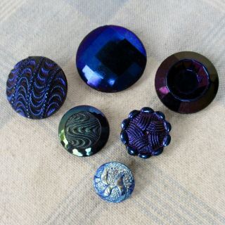 Assortment Of 6 Vintage Black And Blue Glass Buttons W Iridescent Blue Luster
