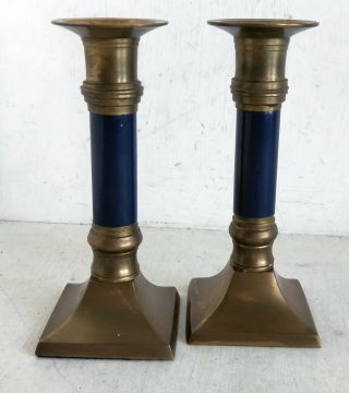 Pair Brass And Blue Steel Candle Sticks / Candle Holders,  15 Cm / 6 " (8327)