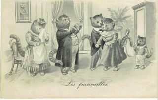 Artist Drawn Old Postcard Anthropomorphic Cats Engaged Couple