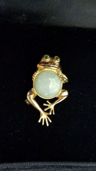 Vtg Heng Ngai Signed 10k Yellow Gold Jade & Peridot Frog Brooch Pin Or Pendant