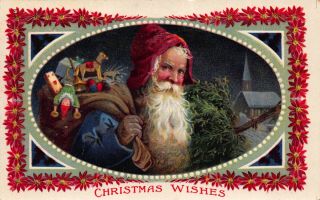 Gel Christmas Postcard Blue Suited Santa Claus Carrying Bag Of Toys,  Tree 123032