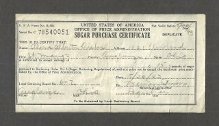 M1808 - 1943 Sugar Purchase Certificate - Usa Office Of Price Administration R306
