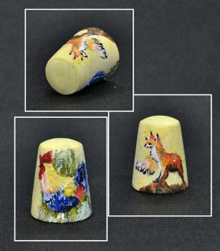 Hand Painted Wood Thimble - Fox & Rooster