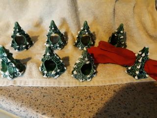Vintage Set Of 8 Green Ceramic Christmas Tree Napkin Rings Holders Marked Ld