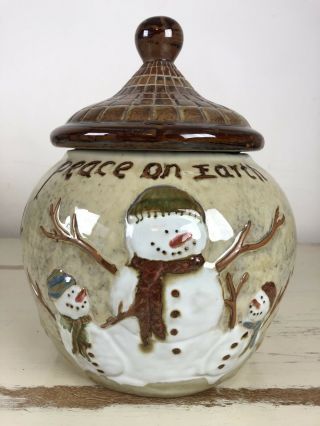 Peace On Earth Large Brown Earthtone Snowman Christmas Holiday Cookie Jar