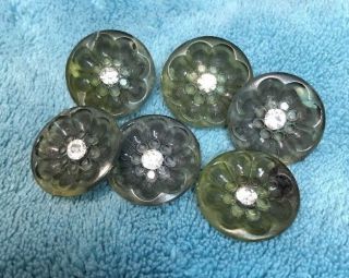 Gorgeous Set 6 Green Vintage Early Plastic Rhinestone Buttons Floral Shape 3/4 "