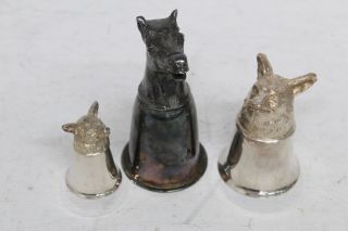 3 X Vintage Silver Plate Stirrup Cups W/ Fox & Horse Heads