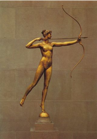 Art Postcard 1985 Diana Gilded Bronze 1928 Golden Nude Woman Bow Arrow Statue Pc