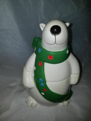 Polar Bear With Green Polka Dot Christmas Scarf Cookie Jar Ceramic