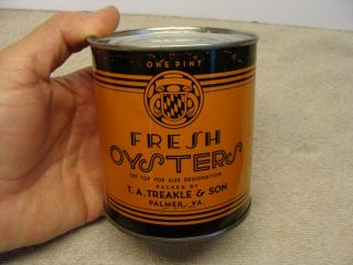 ORANGE Vintage TIN Oyster Can T.  A.  Treakle & Son PALMER VA 113 PINT Size 3