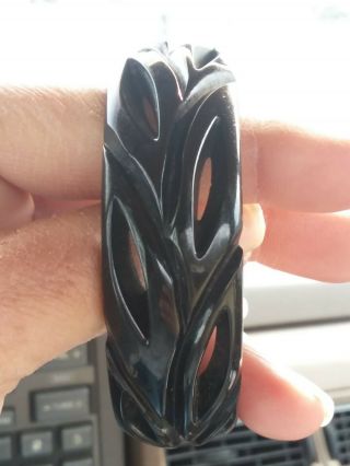 Vintage Black Bakelite Bracelet Art Deco Leaf Carvings