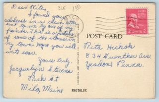 Postcard ME Milo Maine c1940s Main Street Owen Drug Coca Cola Budweiser Truck W2 2