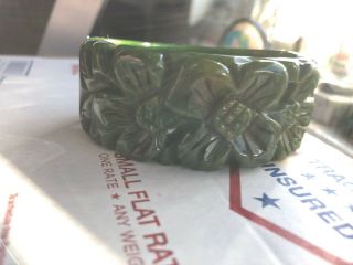 Vintage Bakelite Bangle Bracelet,  Deeply Carved,  Hinged,  Green Yellow Marble