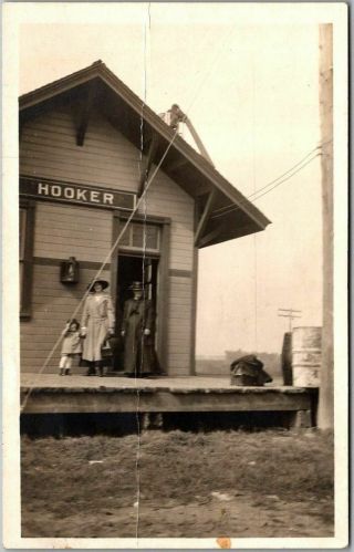 Hooker,  South Dakota Rppc Real Photo Postcard Railroad Depot Train Platform 1917