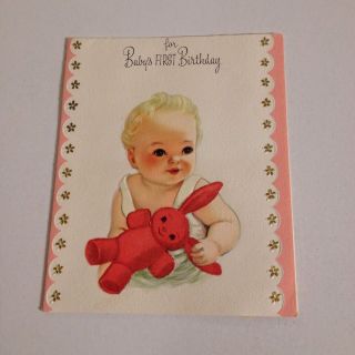 Vintage Greeting Card Baby 1st Birthday Red Bunny Rabbit