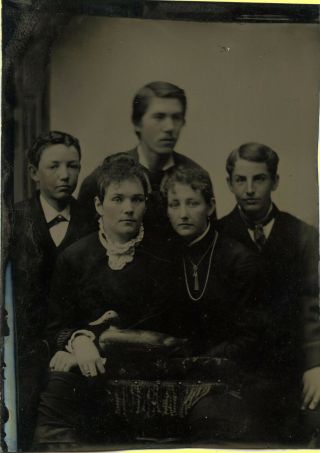 Exc 1870s 1/6 Pl.  Tintype,  5 High School (?) Classmates,  2 Girls & 3 Boys