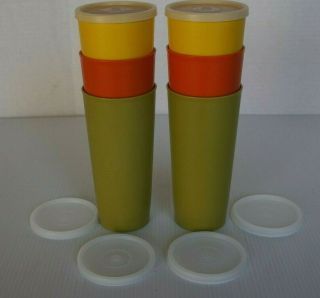 6 Vintage Tupperware Tumblers Glasses Cups 1348 Harvest Colors 16 Oz.  & 6 Seals