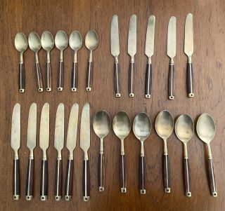 Vtg Mid Century Modern Brass And Wood Flatware Spoons Knives