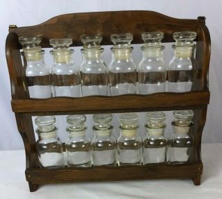 Vintage Wooden Wall Spice Rack 12 Glass Stopper Bottles Kitchen Crafts Organize