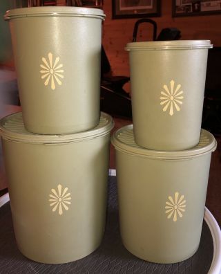 Set Of 4 Vintage Tupperware Servalier Avocado Green Canisters 809 805 807 811