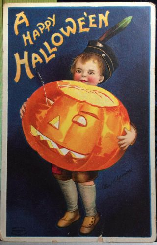 Halloween Signed Artist Ellen Clapsaddle,  Post Card 1905 - 15 Big Pumpkin & Boy