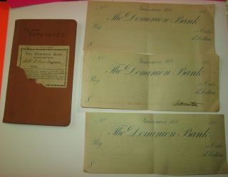 Vintage Deposit Bank Book 1915 The Dominion Bank Vancouver Bc And 3 Blank Checks