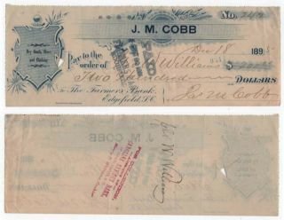 1895 Check,  The Farmers Bank,  Edgefield,  South Carolina,  J.  M.  Cobb,  Dry Goods
