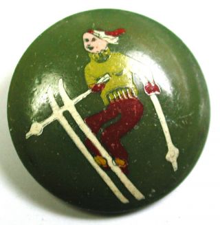 Vintage Celluloid Button W/ Hand Painted Skier Design - 1 & 1/16 "
