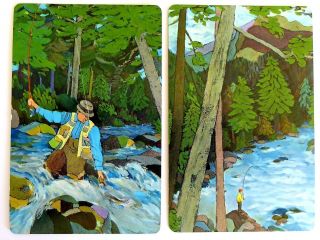 Pair Vintage Swap Cards.  Fishing In Mountain Stream.  Hallmark.  Fish Fisherman