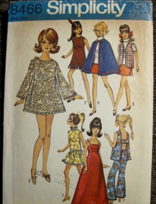 Vintage 1969 Simplicity Barbie & Maddie Mod Doll Clothes Pattern Doll Sz 11 1/2 "