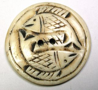 Bb Vintage Han Carved Bone Button 2 Fish Design Large Size 1 & 3/8 "