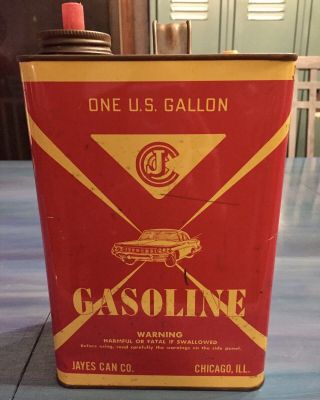 Vintage One Gallon Gas Can Jayes Can Co.  Red Yellow Metal Chicago Advertising