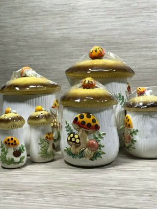 Set Of 6 Vintage Sears Merry Mushroom Canister Container Salt Pepper Made Japan
